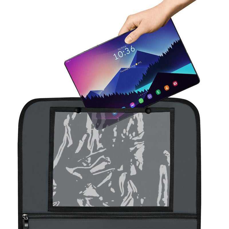 Organizator auto, Lionelo, Cu 5 buzunare de diferite dimensiuni, Cu buzunar pentru tableta, Montare cu clema, Piele ecologica, Impermeabila, Gri