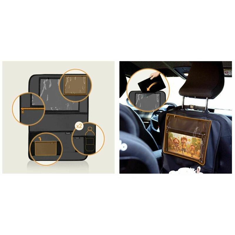 Organizator auto, Lionelo, Cu 5 buzunare de diferite dimensiuni, Cu buzunar pentru tableta, Montare cu clema, Piele ecologica, Impermeabila, Gri