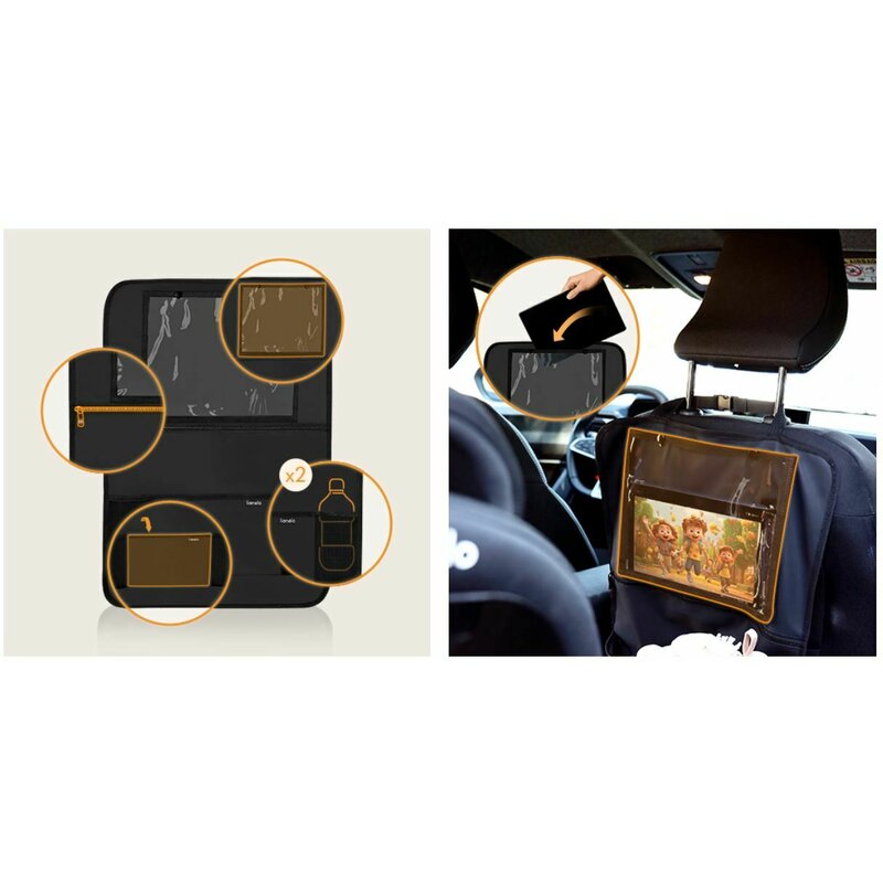 Organizator auto, Lionelo, Cu 5 buzunare de diferite dimensiuni, Cu buzunar pentru tableta, Montare cu clema, Piele ecologica, Impermeabila, Negru