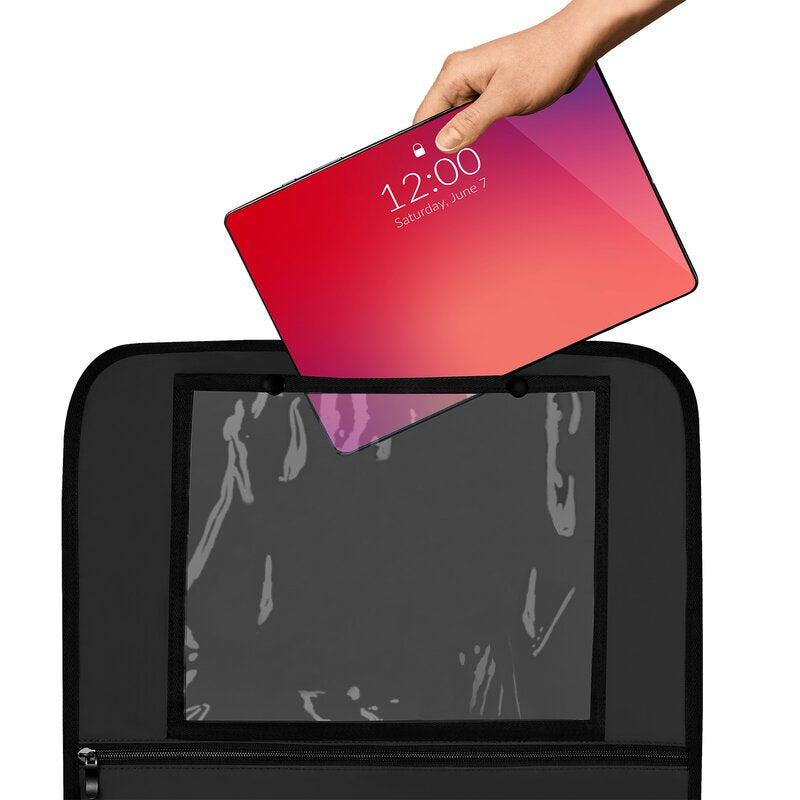 Organizator auto, Lionelo, Cu 5 buzunare de diferite dimensiuni, Cu buzunar pentru tableta, Montare cu clema, Piele ecologica, Impermeabila, Negru