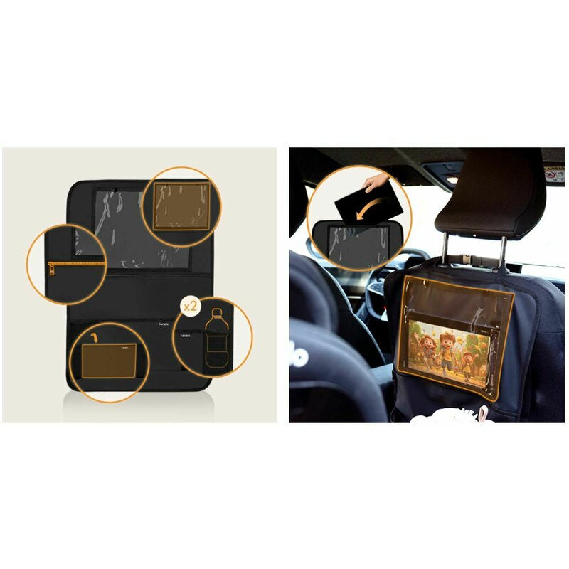 Organizator auto, Lionelo, Cu 5 buzunare de diferite dimensiuni, Cu buzunar pentru tableta, Montare cu clema, Piele ecologica, Impermeabila, Negru