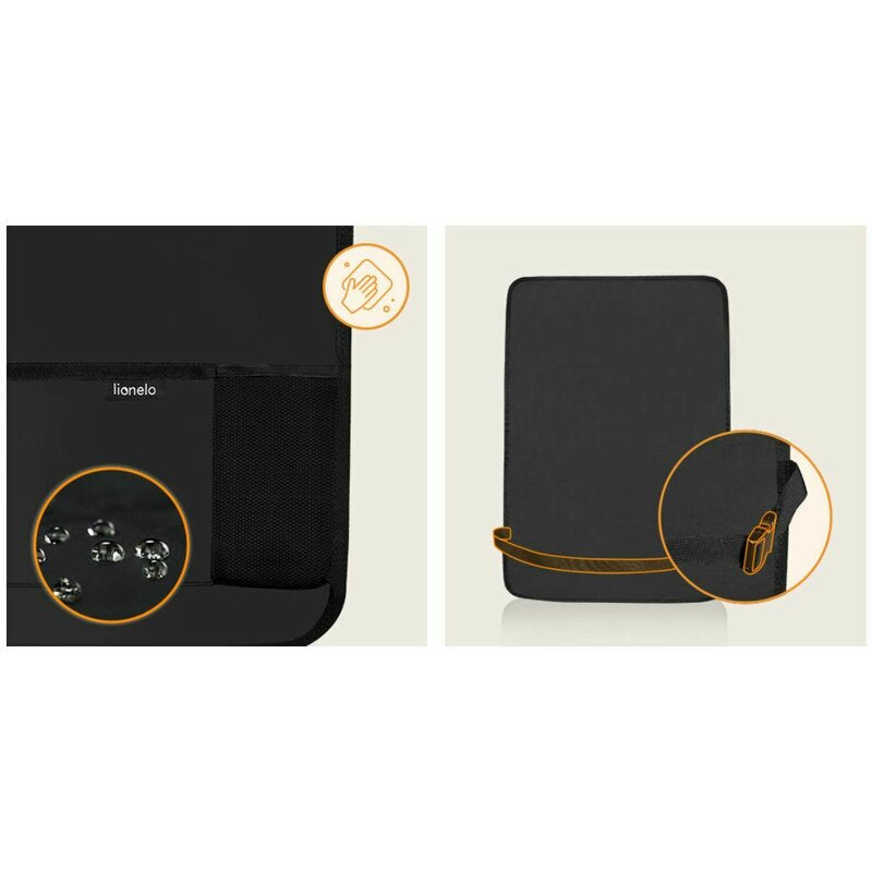 Organizator auto, Lionelo, Cu 5 buzunare de diferite dimensiuni, Cu buzunar pentru tableta, Montare cu clema, Piele ecologica, Impermeabila, Negru