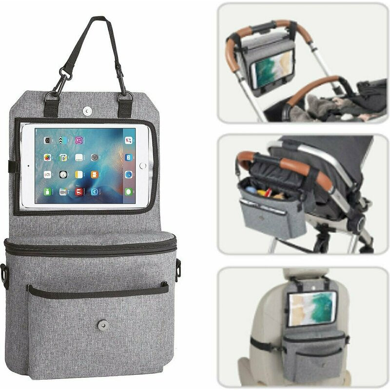 Organizator auto si pentru carucior, FreeON, 3 in 1, Transformabil in gentuta mamici, Cu suport pentru tableta, iPad, Cu buzunare, Grey