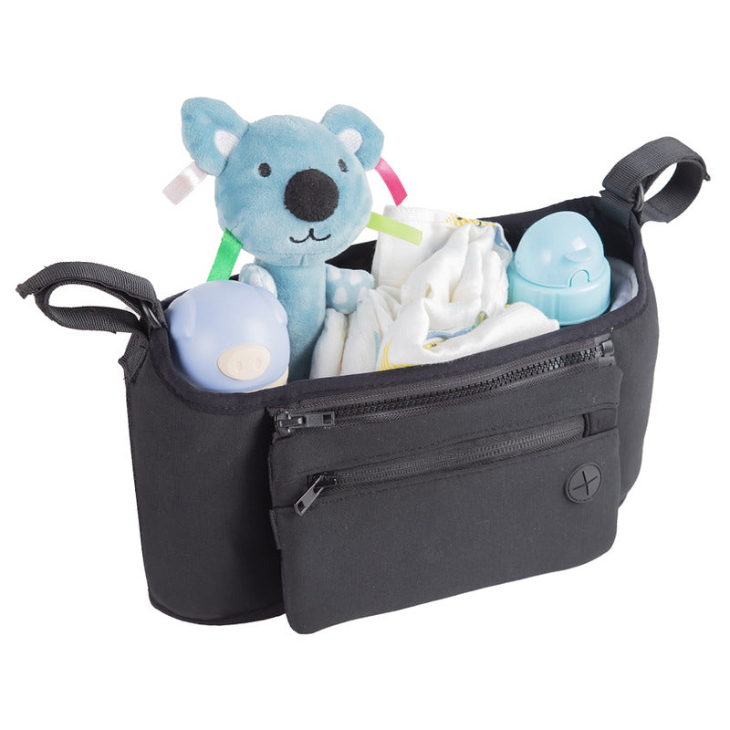 Organizator carucior, Petite&Mars, Cu buzunar frontal detasabil, Dimensiune universala, 31.5x19.5x9.5 cm, Atasare usoara cu Velcro, Negru