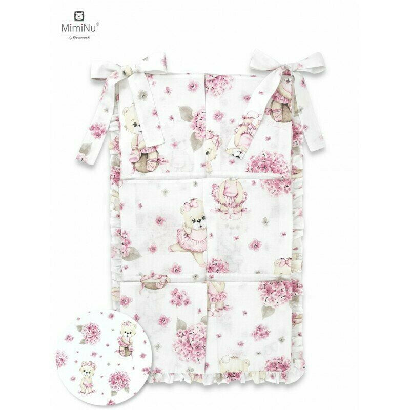 Organizator pentru patut, MimiNu, Din bumbac certificat Oeko Tex Standard 100, Cu 6 compartimente, Doua panglici, 70x40 cm, Cu volanase, Design, Pink Ballerina