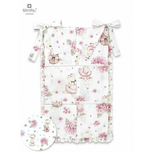 Organizator pentru patut, MimiNu, Din bumbac certificat Oeko Tex Standard 100, Cu 6 compartimente, Doua panglici, 70x40 cm, Cu volanase, Design, Pink Ballerina