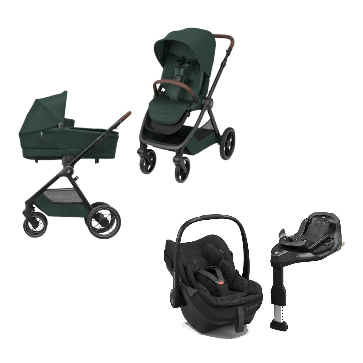 Pachet 4 in 1 Maxi-Cosi Green - carucior Oxford Green cu landou Sense, scoica Pebble Slide Pro Onyx Black si baza FamilyFix Slide Pro