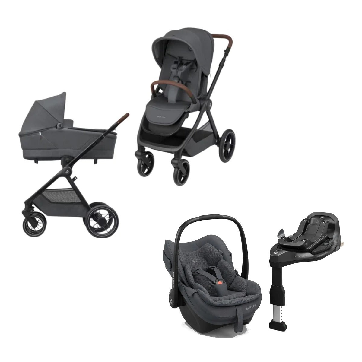 Pachet 4 in 1 Maxi-Cosi Graphite - carucior Oxford cu landou Sense, scoica Pebble Slide Pro Moon Graphite si baza FamilyFix Slide Pro