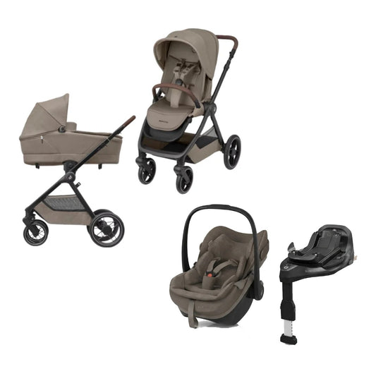 Pachet 4 in 1 Maxi-Cosi Truffle - carucior Oxford cu landou Sense, scoica Pebble Slide Pro Oak Truffle si baza FamilyFix Slide Pro