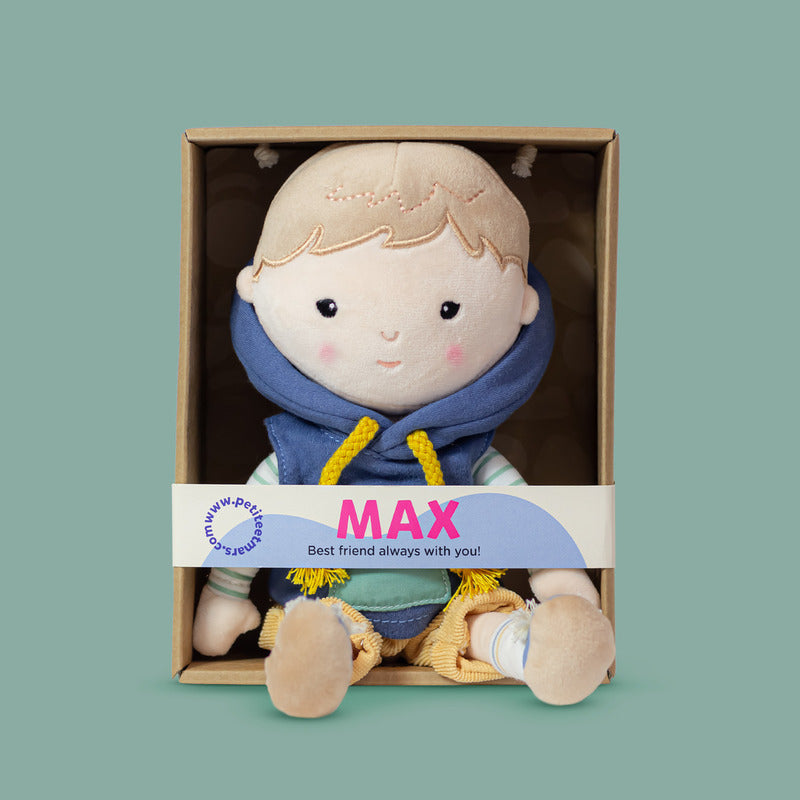 Papusa, Petite&Mars, Max 14 x 34 cm, 0 luni+, Ambalaj cu mini puzzle din carton, 35 cm, Albastru