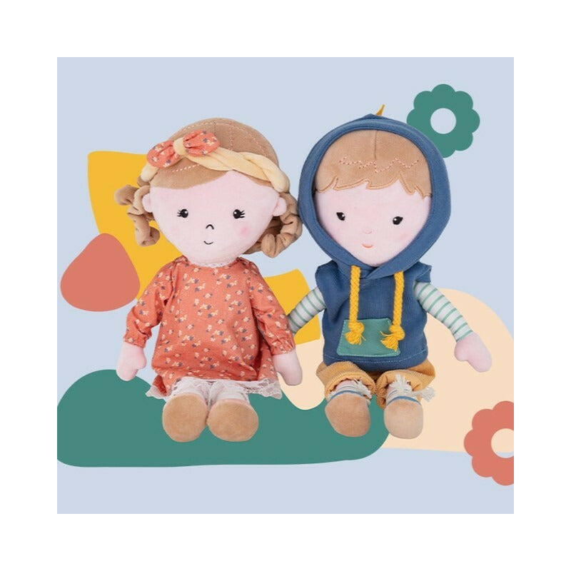 Papusa, Petite&Mars, Max 14 x 34 cm, 0 luni+, Ambalaj cu mini puzzle din carton, 35 cm, Albastru