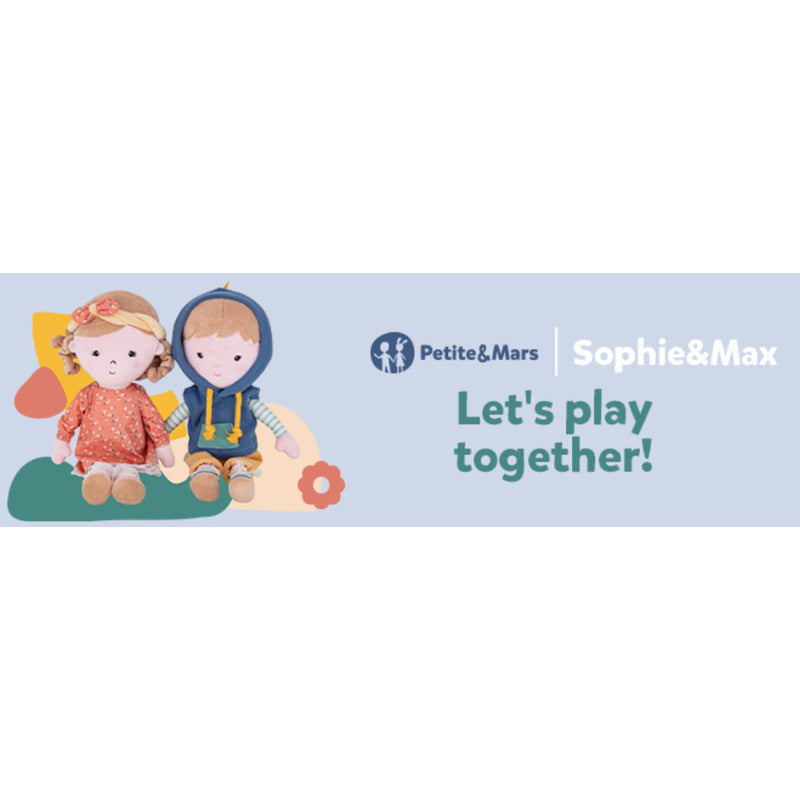 Papusa, Petite&Mars, Max 14 x 34 cm, 0 luni+, Ambalaj cu mini puzzle din carton, 35 cm, Albastru