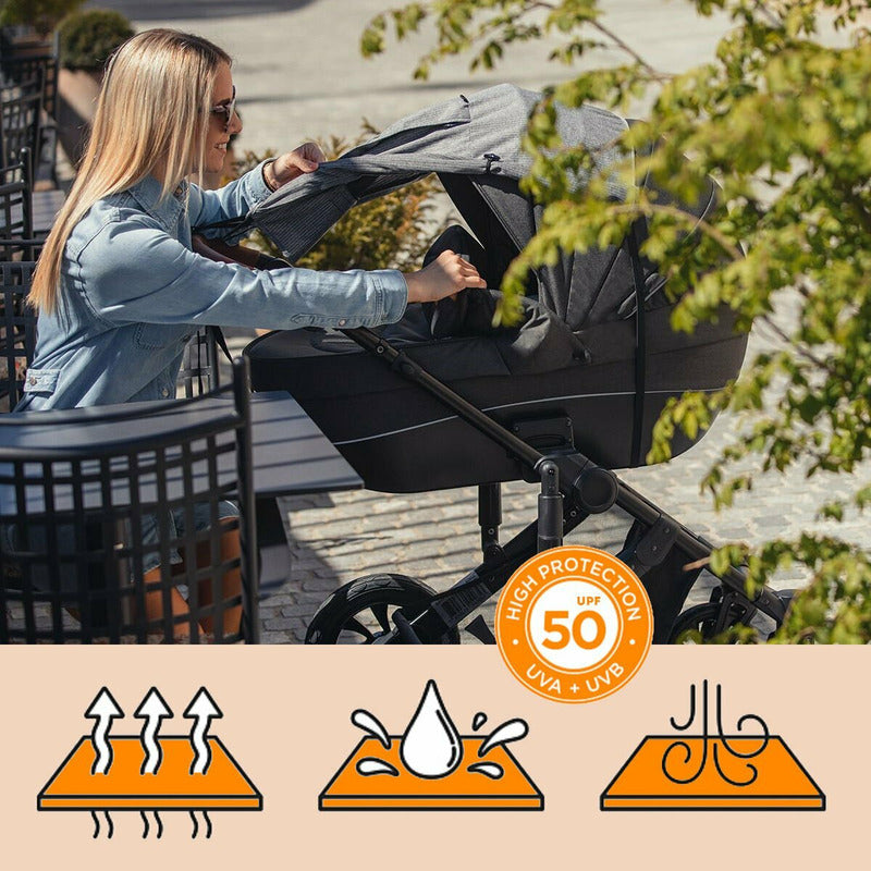 Parasolar, FreeON, Cu laterale pentru landou si carucior, Copertina protectie UPF 50+ cu fereastra, Usor reglabil, Rezistent la apa, Gri