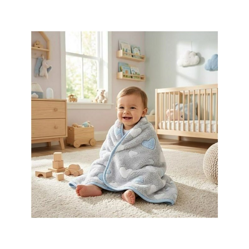 Paturica New Baby Heart, Albastru – imagine de prezentare cu copil treaz
