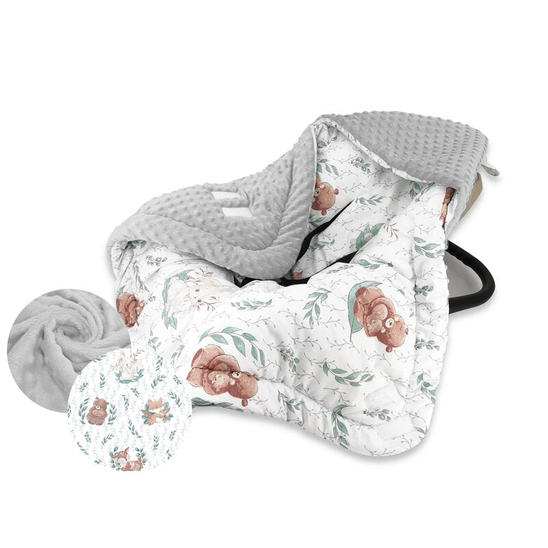 Paturica calduroasa de infasat, MimiNu, Pentru scoica, scaun auto/carucior, Cu gluga si urechi, 90x90 cm, Din tesatura pufoasa, Materiale certificate Oeko Tex Standard 100, Lulu Natural Grey