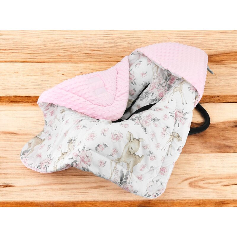 Paturica calduroasa de infasat, MimiNu, Pentru scoica, scaun auto/carucior, Cu gluga si urechi, Cu sistem de prindere pe baza de velcro, Dimensiune 90x90 cm, Din tesatura pufoasa Minky + Bumbac, Materiale certificate Oeko Tex Standard 100, Sweet Deer Pink