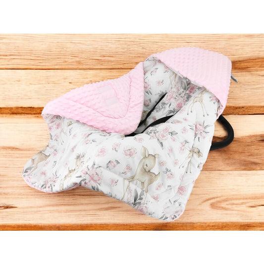 Paturica calduroasa de infasat, MimiNu, Pentru scoica, scaun auto/carucior, Cu gluga si urechi, Cu sistem de prindere pe baza de velcro, Dimensiune 90x90 cm, Din tesatura pufoasa Minky + Bumbac, Materiale certificate Oeko Tex Standard 100, Sweet Deer Pink