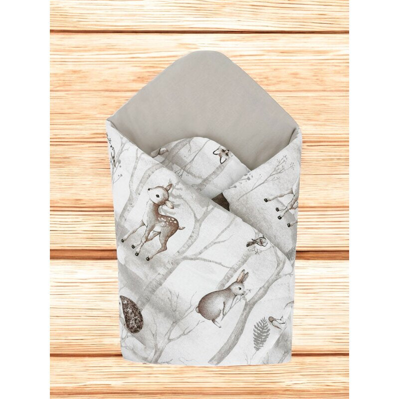 Paturica de infasat, MimiNu, Cu doua fete, Cu multiple utilizari, Cu inchidere arici velcro, Dimensiune 75x75 cm, Din bumbac certificat Oeko Tex Standard 100, Design, Woodland