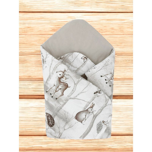 Paturica de infasat, MimiNu, Cu doua fete, Cu multiple utilizari, Cu inchidere arici velcro, Dimensiune 75x75 cm, Din bumbac certificat Oeko Tex Standard 100, Design, Woodland