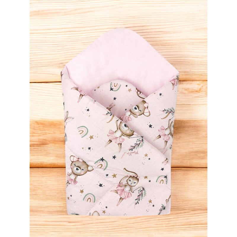 Paturica de infasat, MimiNu, Cu doua fete, Cu multiple utilizari, Cu inchidere arici velcro, Dimensiune 75x75 cm, Din bumbac certificat Oeko Tex Standard 100, Design, Little Ballerina Pink