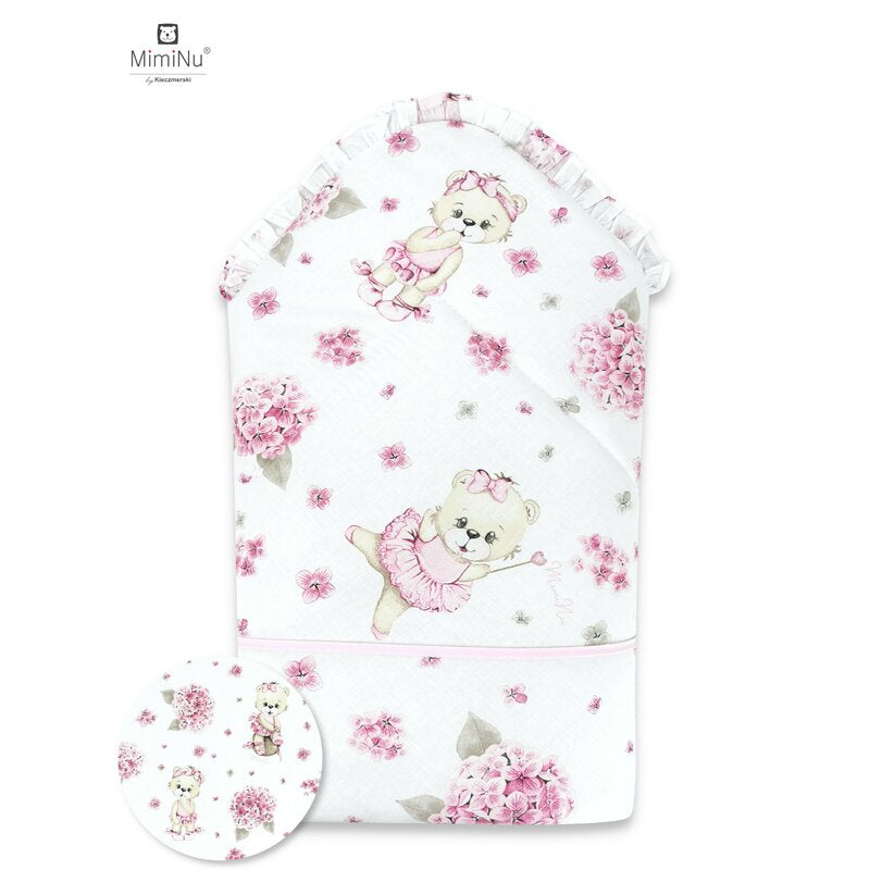 Paturica de infasat, MimiNu, Cu panglica, Cu multiple utilizari, Cu inchidere arici velcro, Dimensiune 75x75 cm, Din bumbac certificat Oeko Tex Standard 100, Design, Pink Ballerina