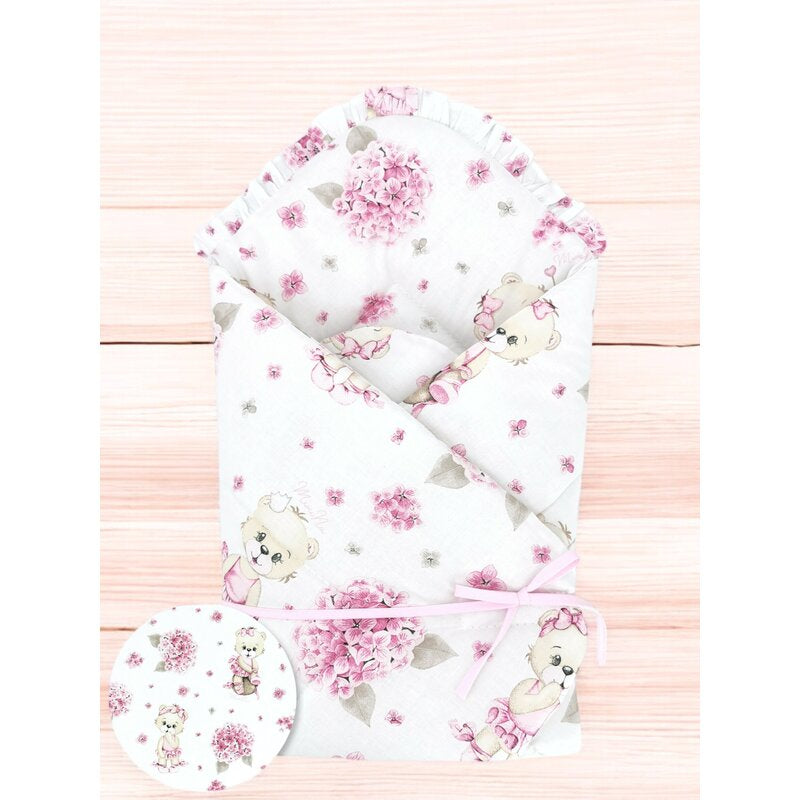 Paturica de infasat, MimiNu, Cu panglica, Cu multiple utilizari, Cu inchidere arici velcro, Dimensiune 75x75 cm, Din bumbac certificat Oeko Tex Standard 100, Design, Pink Ballerina