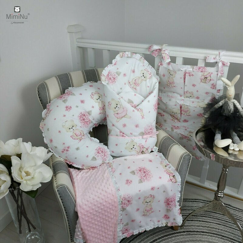 Paturica de infasat, MimiNu, Cu panglica, Cu multiple utilizari, Cu inchidere arici velcro, Dimensiune 75x75 cm, Din bumbac certificat Oeko Tex Standard 100, Design, Pink Ballerina