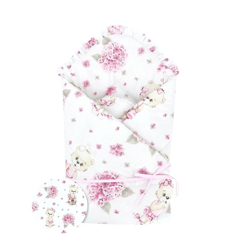 Paturica de infasat, MimiNu, Cu panglica, Cu multiple utilizari, Cu inchidere arici velcro, Dimensiune 75x75 cm, Din bumbac certificat Oeko Tex Standard 100, Design, Pink Ballerina