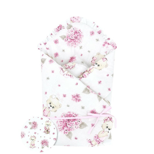 Paturica de infasat, MimiNu, Cu panglica, Cu multiple utilizari, Cu inchidere arici velcro, Dimensiune 75x75 cm, Din bumbac certificat Oeko Tex Standard 100, Design, Pink Ballerina