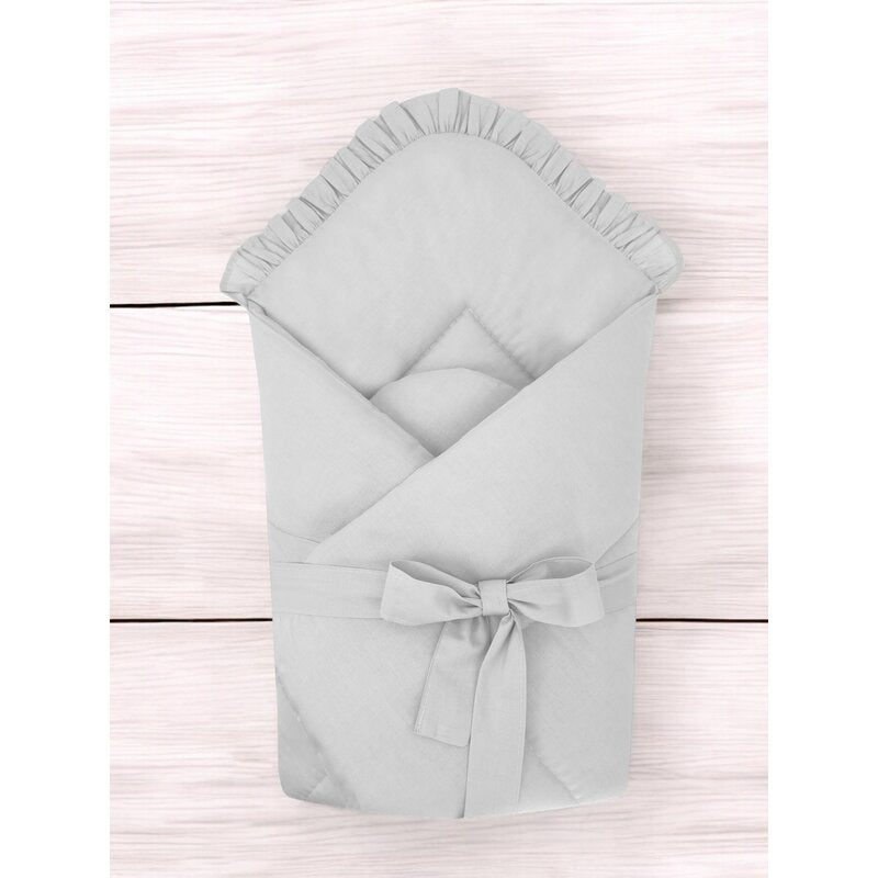 Paturica de infasat, MimiNu, Cu volanase, Cu multiple utilizari, Cu inchidere cu panglica, Dimensiune 75x75 cm, Din bumbac certificat Oeko Tex Standard 100, Cu Volanase, Colectia Royal, Grey