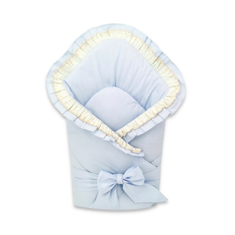 Paturica de infasat, MimiNu, Cu volanase si dantela, Cu multiple utilizari, Cu inchidere cu panglica, Dimensiune 75x75 cm, Din bumbac certificat Oeko Tex Standard 100, Blue