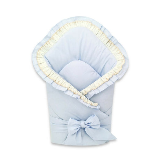 Paturica de infasat, MimiNu, Cu volanase si dantela, Cu multiple utilizari, Cu inchidere cu panglica, Dimensiune 75x75 cm, Din bumbac certificat Oeko Tex Standard 100, Blue