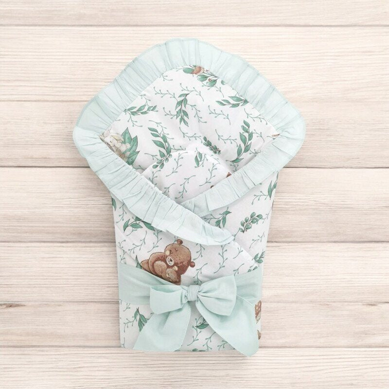 Paturica de infasat, MimiNu, Multifunctionala, Cu volanase, Cu inchidere cu panglica si arici velcro, Dimensiune 75x75 cm, Din bumbac certificat Oeko Tex Standard 100, Lulu Natural/Mint