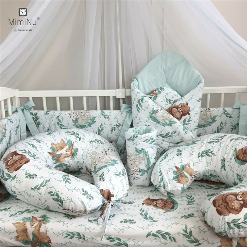 Paturica de infasat, MimiNu, Multifunctionala, Cu volanase, Cu inchidere cu panglica si arici velcro, Dimensiune 75x75 cm, Din bumbac certificat Oeko Tex Standard 100, Lulu Natural/Mint