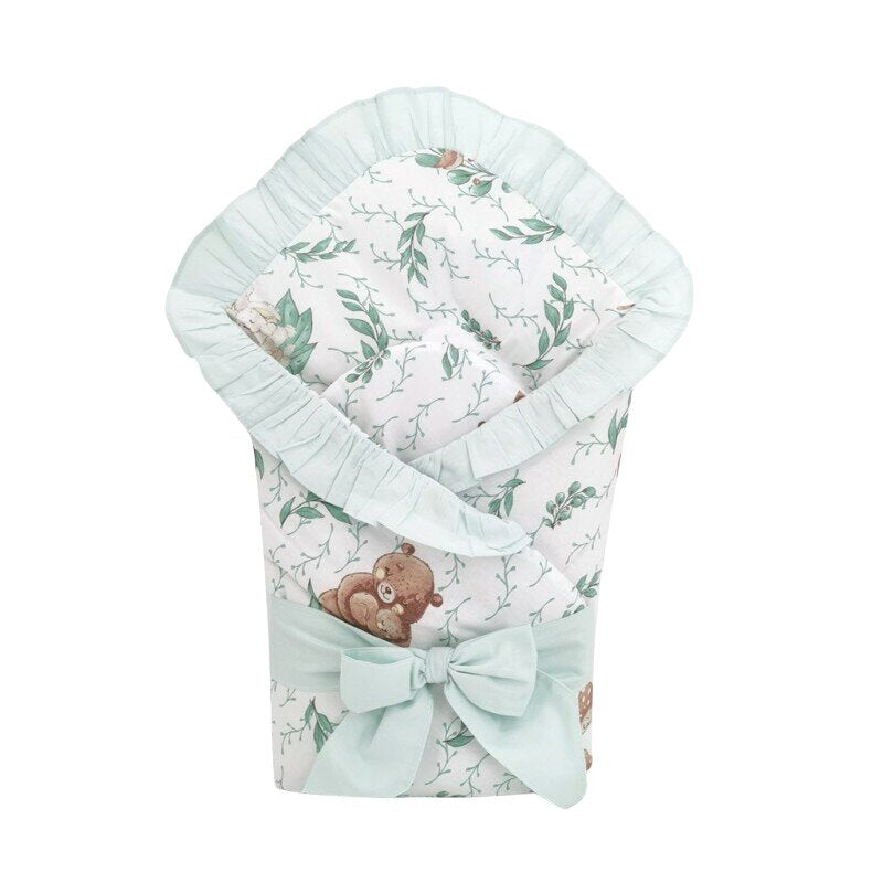 Păturică de înfășat MimiNu 75x75 cm, model Lulu Natural/Mint (cu volănașe)