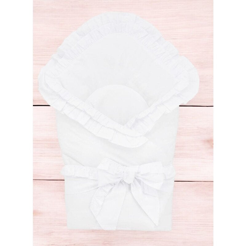 Paturica de infasat, MimiNu, Multifunctionala pentru botez, Cu volanase, Cu inchidere cu panglica si arici velcro, Dimensiune 75x75 cm, Din bumbac certificat Oeko Tex Standard 100, White