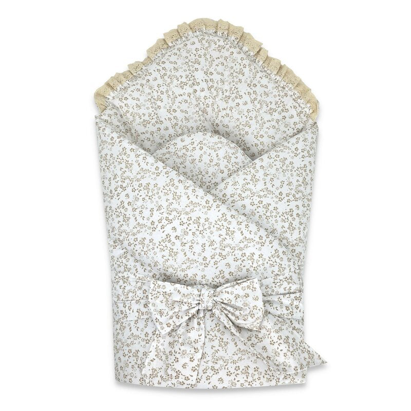 Paturica de infasat, MimiNu, Premium, Cu volanase si dantela, Cu multiple utilizari, Cu inchidere cu panglica, Dimensiune 75x75 cm, Din bumbac certificat Oeko Tex Standard 100, Meadow