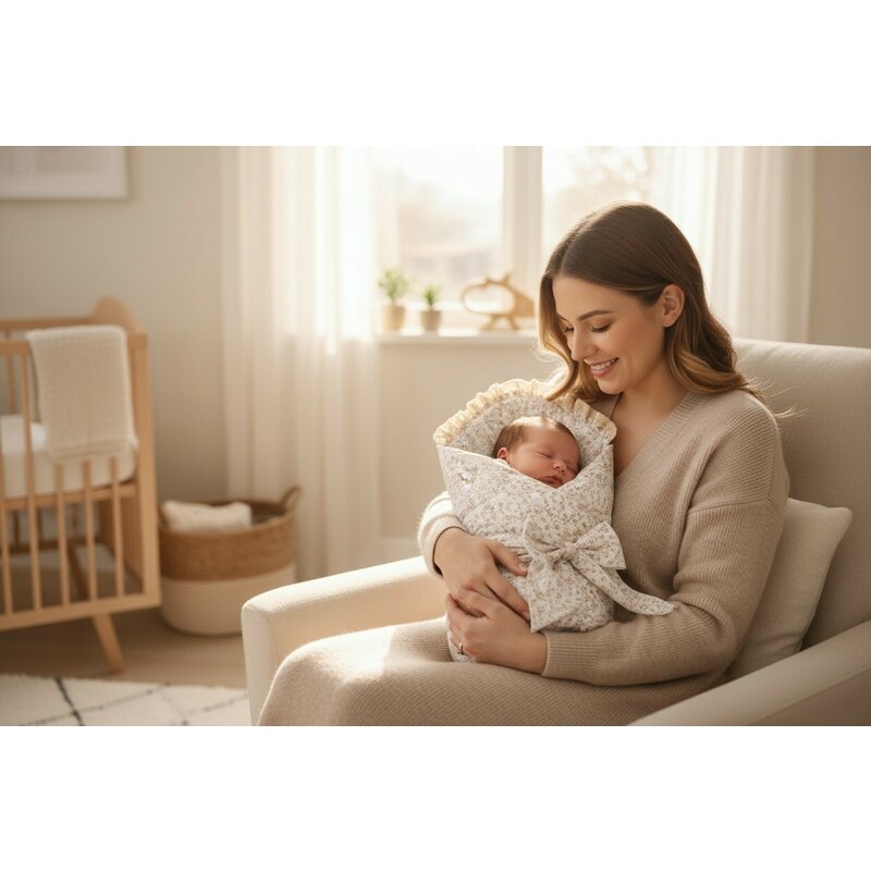 Paturica de infasat, MimiNu, Premium, Cu volanase si dantela, Cu multiple utilizari, Cu inchidere cu panglica, Dimensiune 75x75 cm, Din bumbac certificat Oeko Tex Standard 100, Meadow