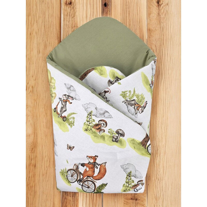 Paturica de infasat, Qmini, Cu doua fete, Cu multiple utilizari, Cu inchidere arici velcro, Dimensiune 75x75 cm, Din bumbac certificat Oeko Tex Standard 100, Fox on bikes Natural