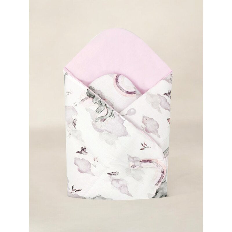 Paturica de infasat, Qmini, Cu doua fete, Cu multiple utilizari, Cu inchidere arici velcro, Dimensiune 75x75 cm, Din bumbac certificat Oeko Tex Standard 100, Elephants on Rainbow Pink