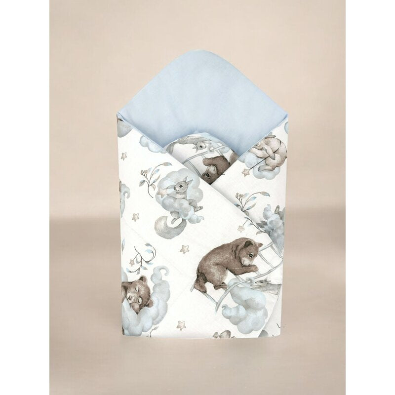 Paturica de infasat, Qmini, Cu doua fete, Cu multiple utilizari, Cu inchidere arici velcro, Dimensiune 75x75 cm, Din bumbac certificat Oeko Tex Standard 100, Teddy Bear and Friends Blue