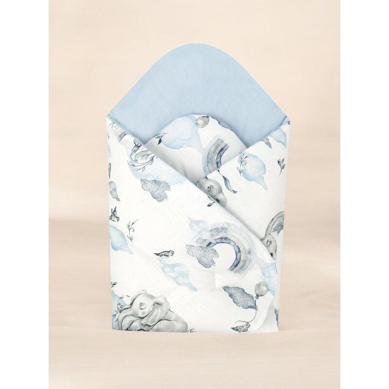 Paturica de infasat, Qmini, Cu doua fete, Cu multiple utilizari, Cu inchidere arici velcro, Dimensiune 75x75 cm, Din bumbac certificat Oeko Tex Standard 100, Elephants on Rainbow Blue