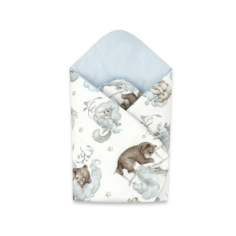 Paturica de infasat, Qmini, Cu doua fete, Cu multiple utilizari, Cu inchidere arici velcro, Dimensiune 75x75 cm, Din bumbac certificat Oeko Tex Standard 100, Teddy Bear and Friends Blue