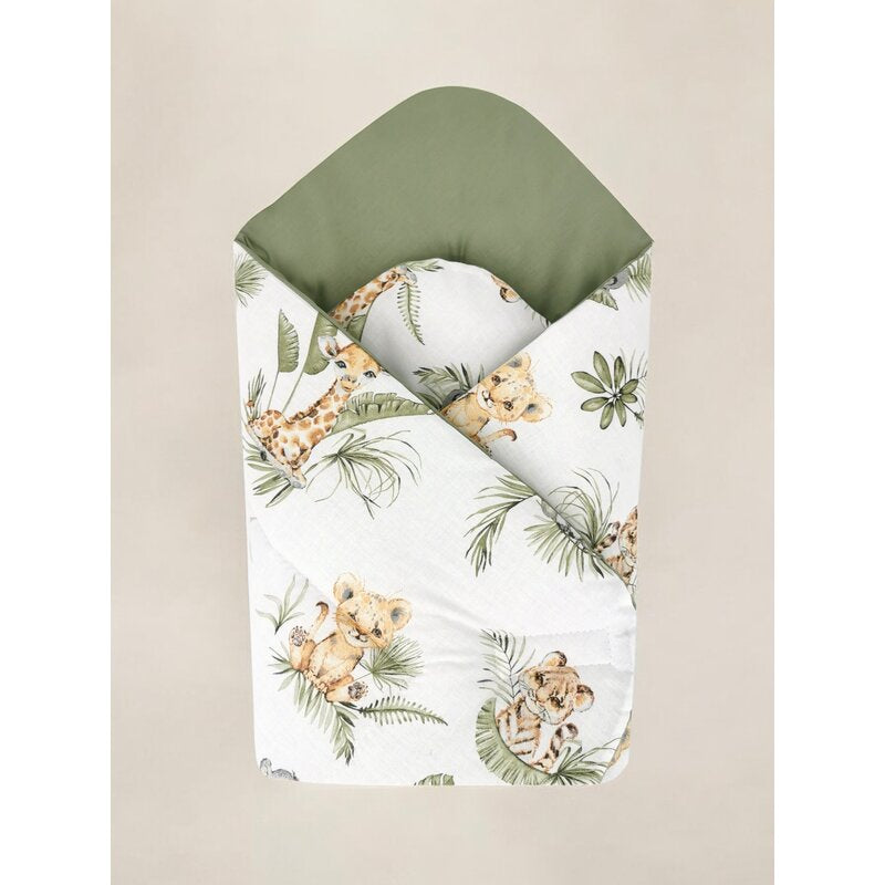 Paturica de infasat, Qmini, Cu doua fete, Cu multiple utilizari, Cu inchidere arici velcro, Dimensiune 75x75 cm, Din bumbac certificat Oeko Tex Standard 100, Safari