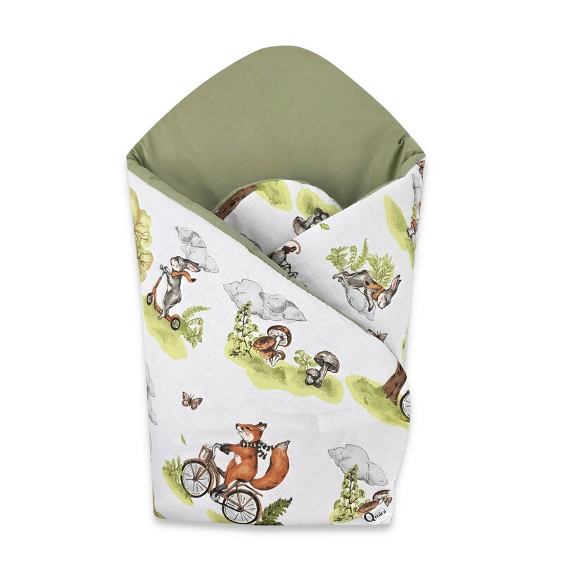 Păturică de înfășat Qmini Fox on bikes Natural 75x75 cm – prezentare produs