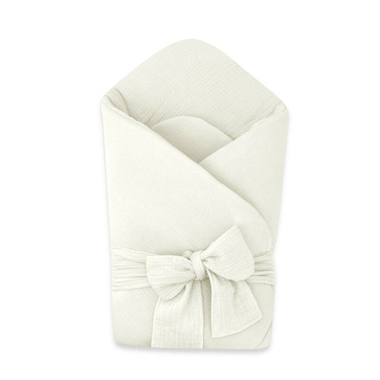 Paturica de infasat, Qmini, Din muselina dubla, Cu inchidere cu panglica, Dimensiune 75x75 cm, Din material certificat Oeko Tex Standard 100, Cream