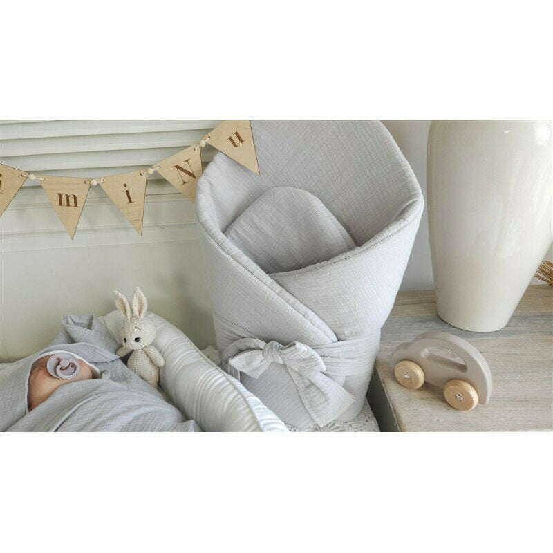 Paturica de infasat, Qmini, Din muselina dubla, Cu inchidere cu panglica, Dimensiune 75x75 cm, Din material certificat Oeko Tex Standard 100, Gray