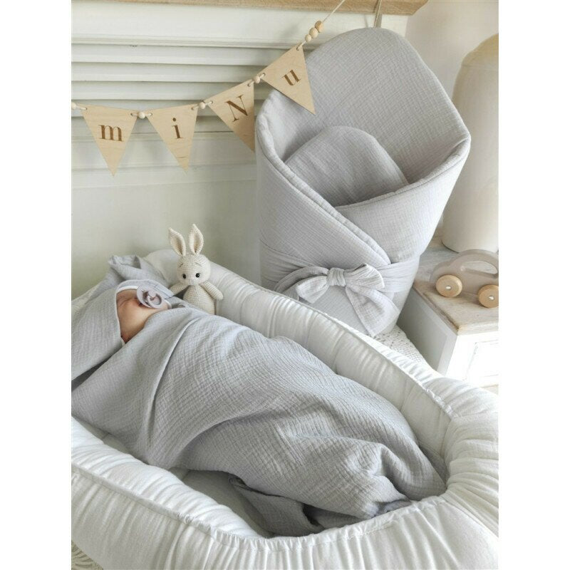Paturica de infasat, Qmini, Din muselina dubla, Cu inchidere cu panglica, Dimensiune 75x75 cm, Din material certificat Oeko Tex Standard 100, Gray