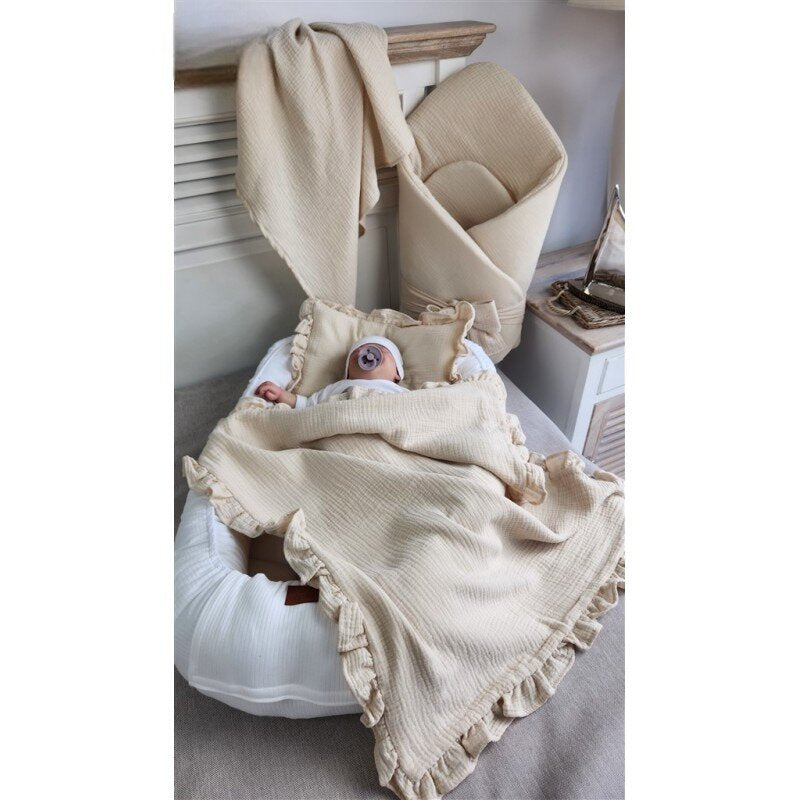 Paturica de infasat, Qmini, Din muselina dubla, Cu inchidere cu panglica, Dimensiune 75x75 cm, Din material certificat Oeko Tex Standard 100, Warm Beige