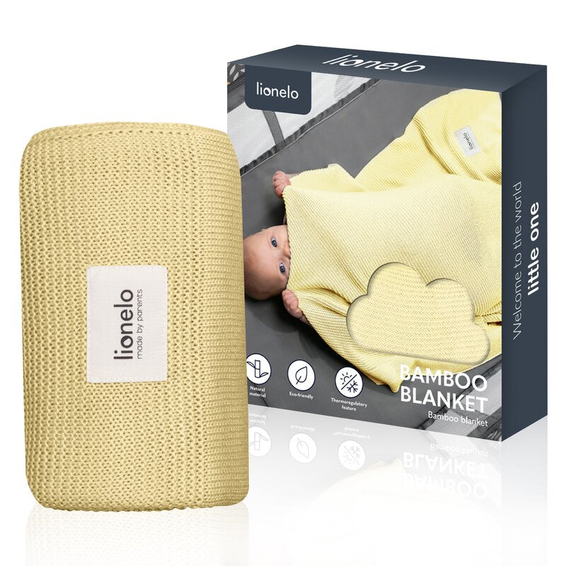 Păturică Lionelo Bamboo Blanket Yellow Lemon – detaliu țesătură și etichetă